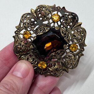 Vintage Brass Brooch and Clip Earrings Set - Brown and Gold Rhinestones